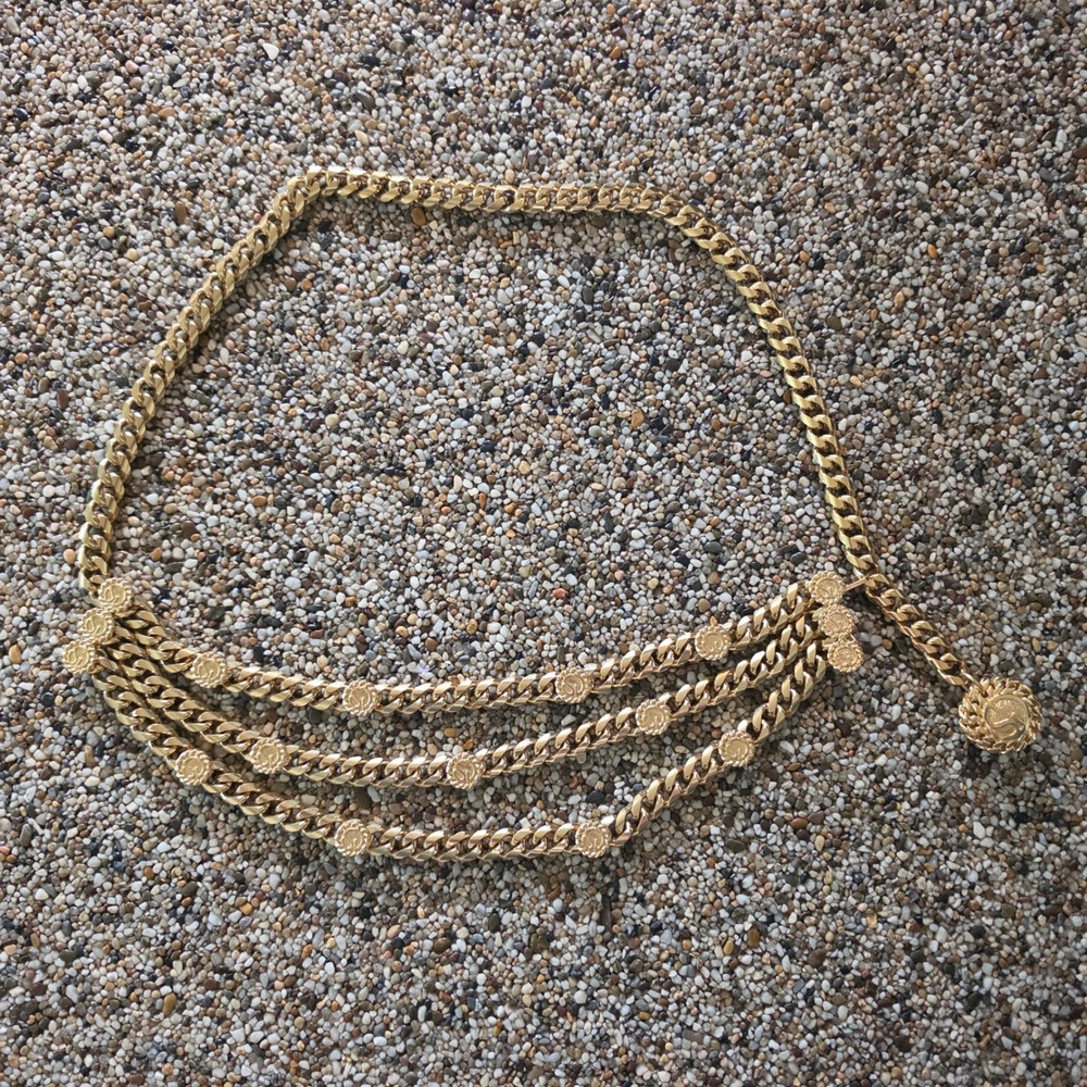 Vintage St John Gold Chain Belt SJ Logo Medallion Triple Strand Statement 37in